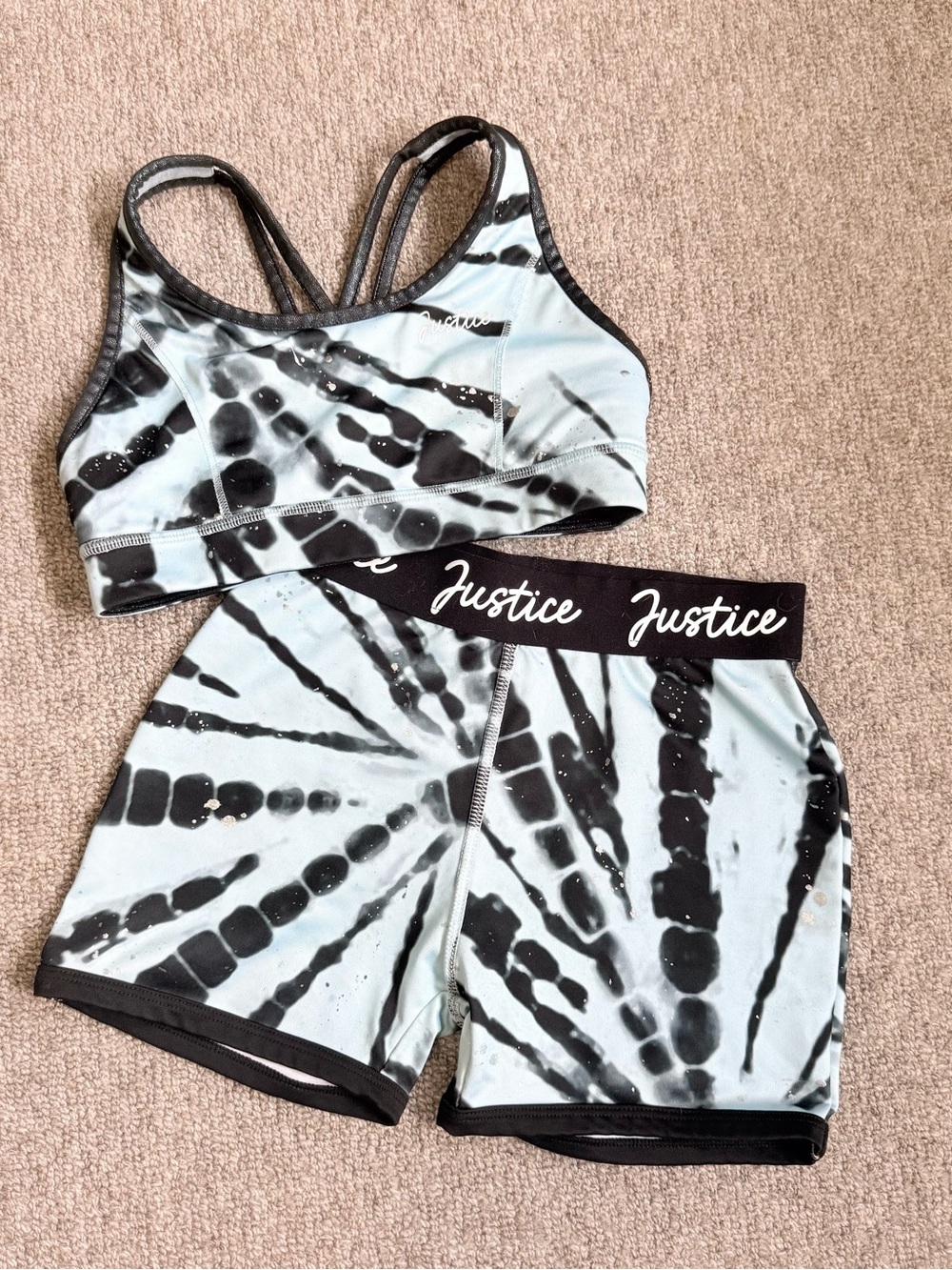 Justice Girls Black & Light Blue Tie-Dye Sports Bra and Shorts Set
